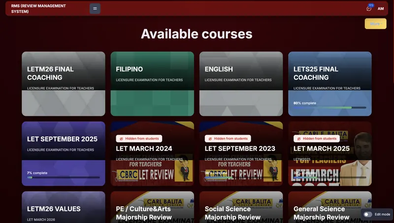 Course catalogue with per-course progress