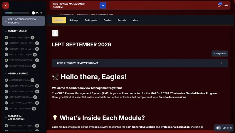Structured module navigation inside a multi-part review programme