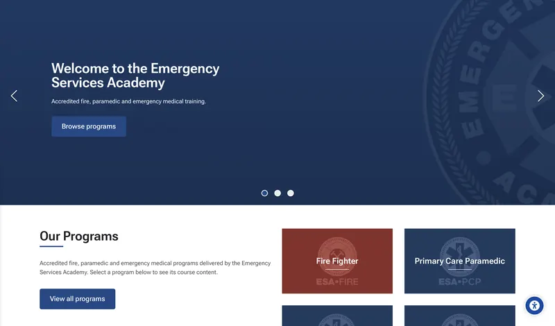 Emergency Services Academy: branded homepage with programme routing