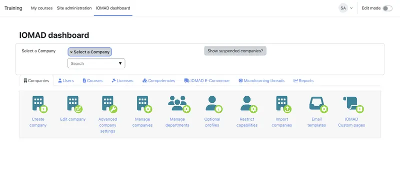 IOMAD company administration: creating companies, departments, optional profiles and per-company capability restrictions