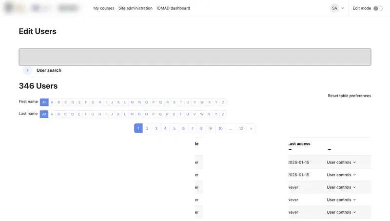 A single tenant with 346 learners, filtered and paginated, with last-access tracking