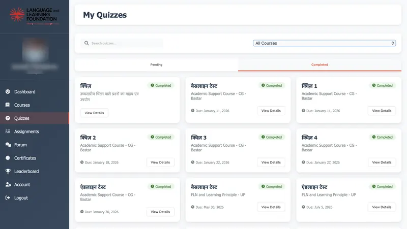 Custom quiz dashboard with completion state and due dates per course