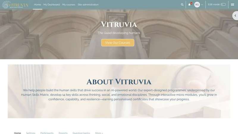 Branded corporate homepage with custom typography and course routing