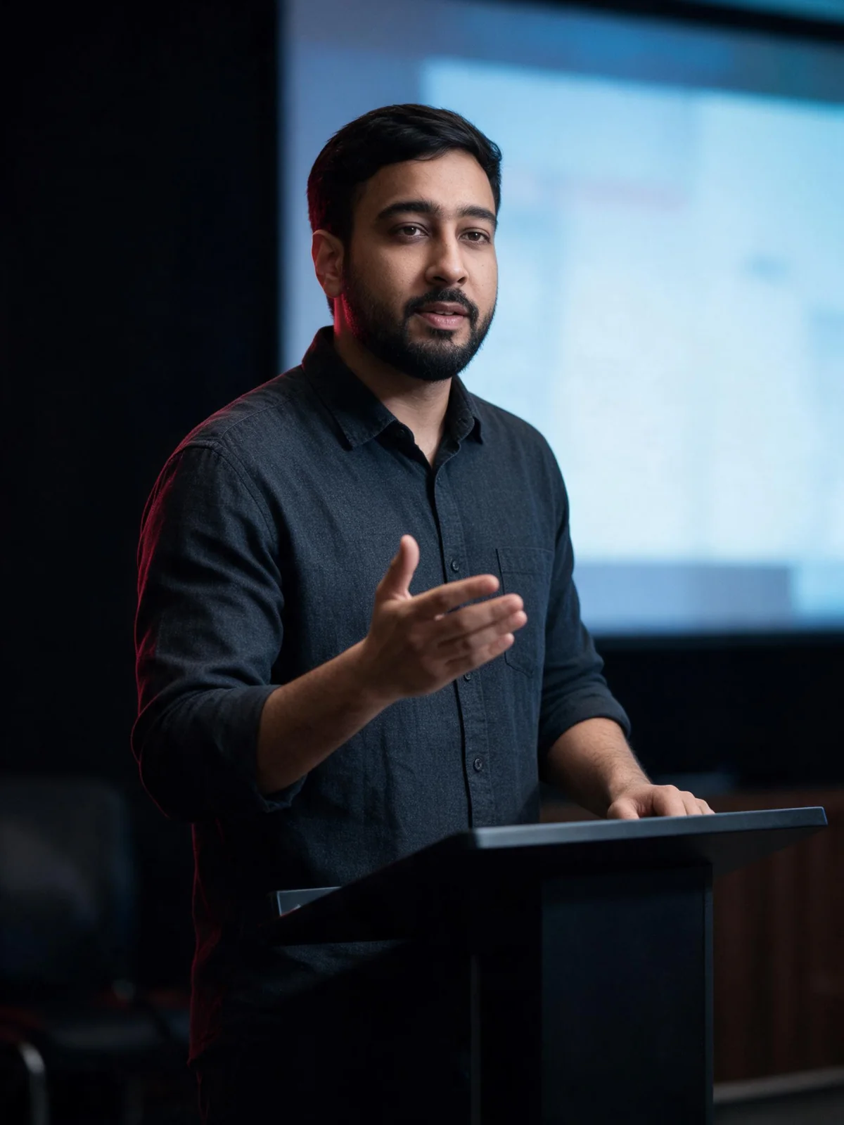 Rohin Grover presenting at a lectern during a training session